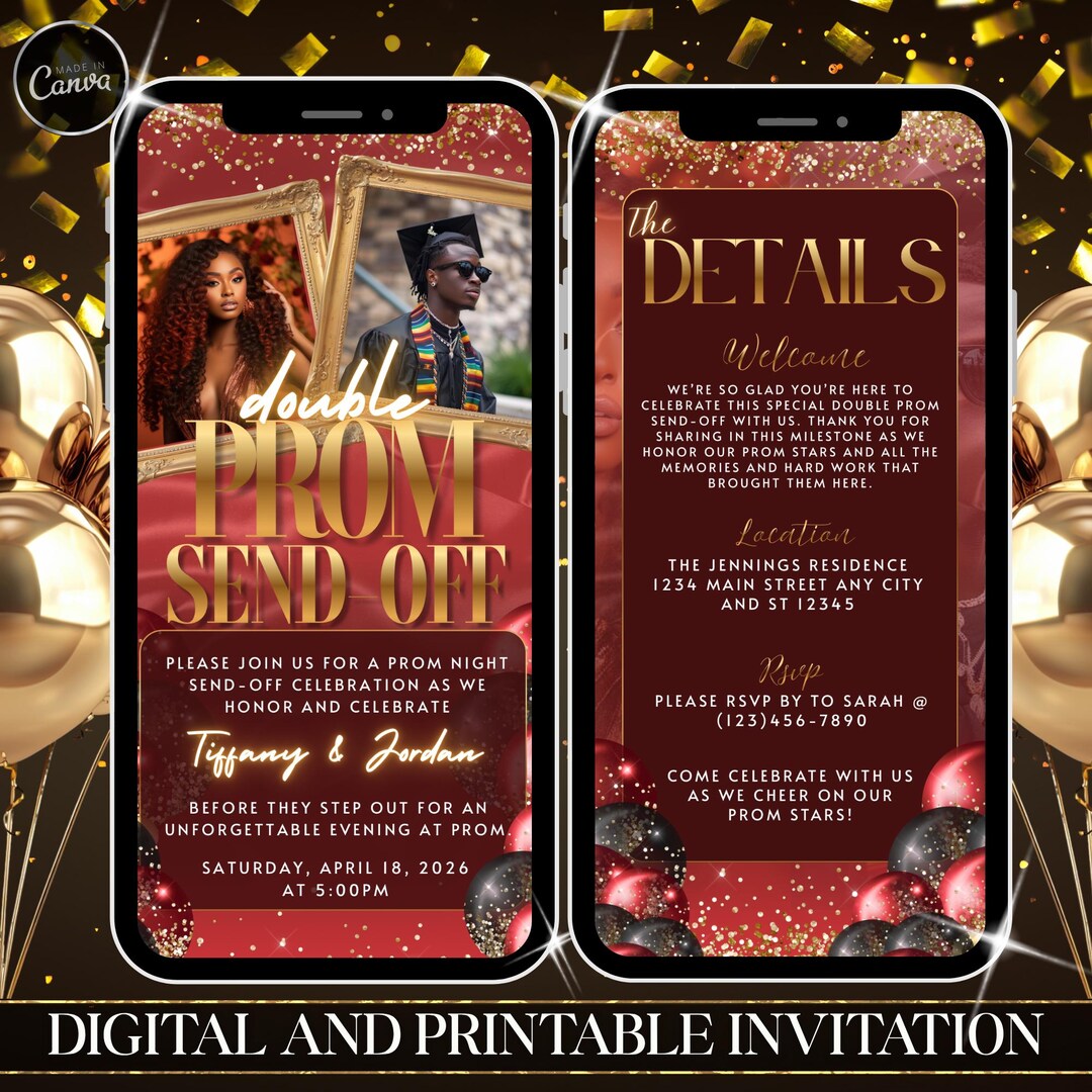 Double Prom Send off Invitation, Red Gold Prom Party Evite, Animated ...