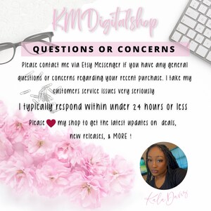 May include: A pink and white floral background with a white text box that says "QUESTIONS OR CONCERNS". The text box contains information about contacting the seller via Etsy Messenger for questions or concerns regarding recent purchases. The text box also states that the seller typically responds within 24 hours or less. The text box also encourages buyers to follow the shop for updates on deals, new releases, and more. A small heart icon is included in the text. A photo of a woman with dark hair is in the lower right corner of the image. The woman is smiling and wearing a white shirt. The text "Kala Davis" is below the photo.
