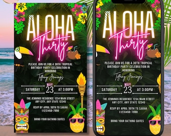 Puede incluir: Una invitación digital e imprimible con temática tropical. El diseño presenta el texto "Aloha Thirty" en rosa neón, junto con un tucán, un tiki y una piña. La invitación incluye los detalles de la fiesta.