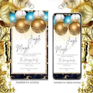 Digital Jingle and Mingle invitation, Christmas party invitation, Blue Gold, Holiday Party, Editable template, Phone evite, Instant download