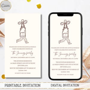 Minimalist Holiday Party Invitation, Christmas Party Electronic Party Invite, Adult Cocktail Party, Champagne, Editable Invitation
