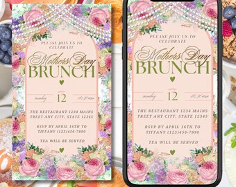 May include: A digital and printable invitation for a Mother's Day brunch. The design features floral arrangements, pearls, and the text "Mother's Day Brunch." The invitation is displayed on a phone and a printed card.