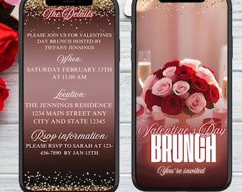 Digital Valentine's Day Brunch Party Invitation, Electronic Phone Evite, Pink Red Floral, Editable Invitation, Instant Download