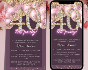 Puede incluir: Invitación imprimible y digital para una fiesta de cumpleaños número 40. La invitación presenta un número 40 dorado con detalles de diamantes y confeti rosa y dorado sobre un fondo morado. El texto "Let's party!" está escrito en letras de neón rosa. La invitación incluye la fecha, la hora, la ubicación y la información de RSVP.