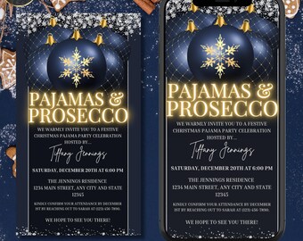 Electronic Pajamas And Prosecco Christmas Party Invitation, Digital Phone Invite, Blue Gold Ornaments, Editable Invitation, Instant Download