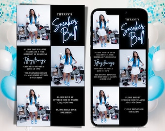 May include: A black and white invitation for a 16th birthday party with the text "Tiffany's Sneaker Ball" in blue neon lettering. The invitation features a collage of photos of a young woman wearing a white skirt and a blue denim jacket. The invitation includes the date, time, and location of the party, as well as an RSVP request.