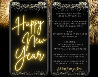 Electronic Happy New Year Party Invitation – 2026 NYE Party Evite, Digital Gold Glitter Text Invite, Editable Template, Instant Download