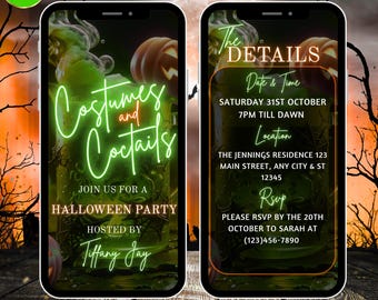 Editable Costumes & Cocktails Adult Halloween Invitation – Animated Digital Neon Costume Party Evite, Instant Download Template