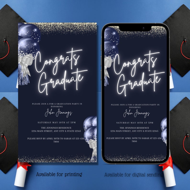 Digital Graduation Party Invitation Electronic Invite Navy Etsy