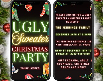 Pode incluir: Um convite digital para uma festa de Natal de suéteres feios organizada pela família Jennings. O convite inclui a data, a hora, o local, as informações de RSVP e detalhes sobre a festa, incluindo troca de presentes, coquetéis para adultos, jogos de Natal e muito mais.