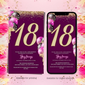 Digital 18th Birthday Invitation, Electronic 18th Invite, Pink and Gold, Mobile Phone Invite, Editable Invitation, Instant Download,