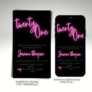 21st Neon pink  Birthday Party invitation, Electronic birthday party invite, 21st, luxury , Editable template, Text evite, Instant download