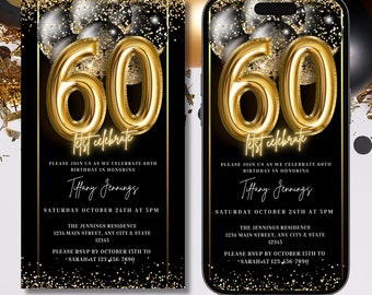 Könnte beinhalten: Druckbare und digitale Einladungen zu einer 60. Geburtstagsfeier. Die Einladungen haben einen schwarzen Hintergrund mit goldenem Glitzer und einen großen goldenen Ballon mit der Nummer 60. Der Text auf den Einladungen lautet "Let's Celebrate" und enthält den Namen des Geburtstagskindes, Datum, Uhrzeit und Ort.