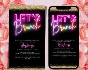 Digital Neon Rainbow Birthday Brunch Invitation, Electronic Birthday Brunch Text Invite, Let's Brunch, Editable Invitation, Digital Evite