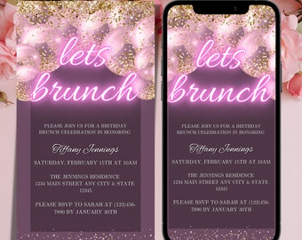 Electronic Pink Gold Balloons Brunch Party Invitation, Digital Let's Brunch Phone Text Message Evite, Editable Invitation, Instant Download