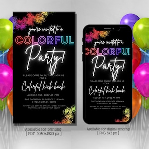 Electronic Colorful Kickback Digital Invitation, Rainbow picnic, Picnic party, Backyard party, Personalized invitation, Instant download