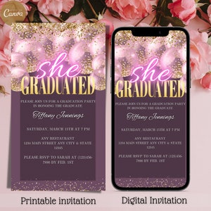 She Graduated Digital Party Invitation, Electronic Women&#39;s Graduation Party Invite, Pink Gold Invite, Editable Invitation, Instant Download