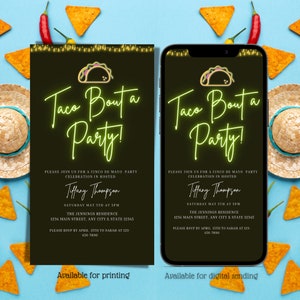 Electronic Neon Cinco De Mayo Party Invitation, Digital Fiesta invite, Taco Bout A Party, Birthday, Editable Invitation, Instant Download