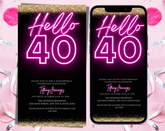 Digital Hello Forty Birthday Invitation, Electronic Neon Pink and Glitter 40th Birthday Invite, Editable Invitation, Instant Download