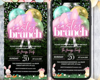 Digital Easter Brunch Invitation, Instant Download, Easter Sunday Brunch, Balloons & Greenery Theme, Editable Template, Spring Gathering