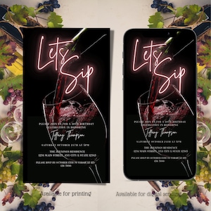 Faire-part d&#39;anniversaire numérique à une dégustation de vins, invitation électronique à siroter, brunch d&#39;anniversaire, cocktail, invitation modifiable, téléchargement immédiat