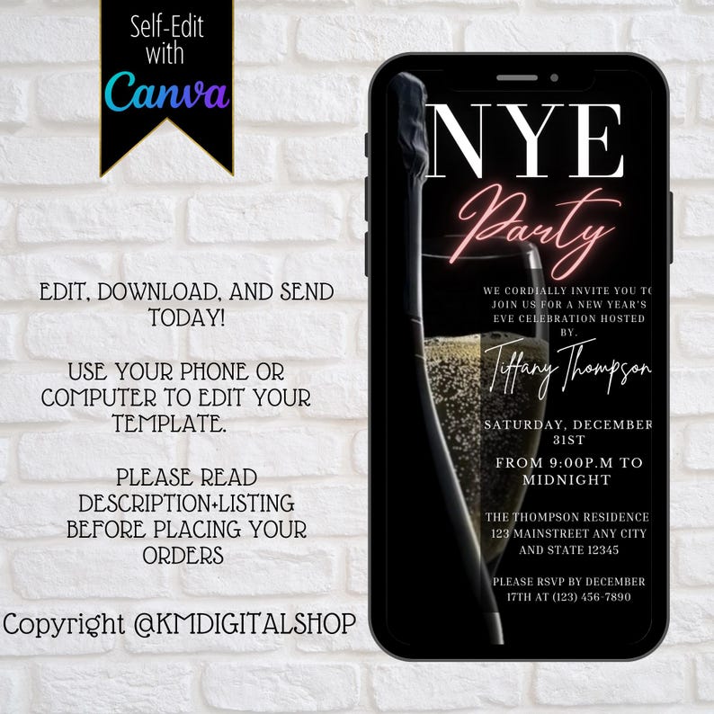 May include: Black and white digital invitation for a New Year's Eve party. The invitation features a champagne bottle and glass with the text "NYE Party" in pink and white. The text includes the host's name, Tiffany Thompson, the date and time of the party, and the location. The invitation also includes a RSVP request.