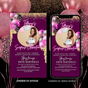 Invitación electrónica de cumpleaños sorpresa, invitación de mensaje de texto de cumpleaños sorpresa de oro rosa digital, invitación editable, descarga instantánea
