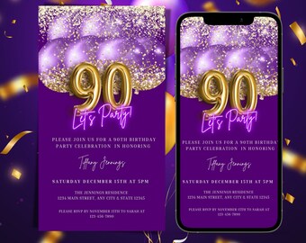 Electronic 90th Purple Gold Birthday Party Invitation, Digital 90th Balloons Text message Birthday Invite, Editable Invitation, DIY Evite
