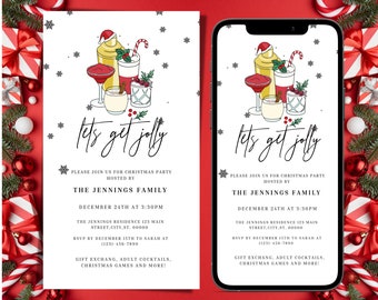May include: A printable and digital Christmas party invitation with a festive illustration of cocktails and the text "Let's get jolly". The invitation includes the date, time, location, and RSVP information for the party hosted by The Jennings Family.