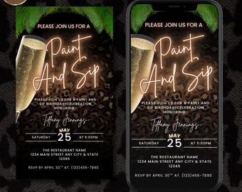 Paint and Sip Party Invitation, Animal Print Ladies Night Digital Download, Editable in Canva