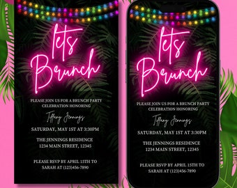 Digital Brunch Party Invitation, Electronic Text Message Invite, Let's Brunch, Neon Pink Rainbow, Editable Invitation, Instant Download