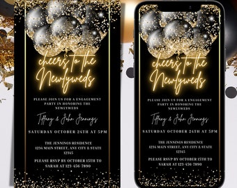 Digital Engagement Party Invitation, Electronic Black Gold Balloons Engagement Text Message Invite, Editable Invitation, Instant Download