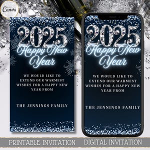 Digital Happy New Year 2025 Greeting Card, Electronic Greeting Card, Diamond Silver Blue, Special Annouments, Editable Template