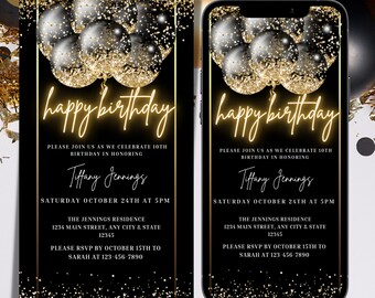 Birthday Party Black Gold Balloons Invitation, Digital Happy Birthday Phone Text Message Invite, Editable Invitation, Instant Download