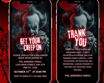 Halloween Party Digital Invitation –, Animated Scary Clown Invite, Neon Red Theme, Editable Template, Instant Download