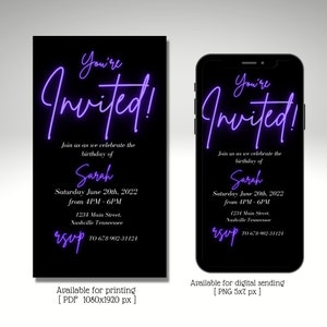 You’re invited Neon invitation, Electronic birthday party invite, Any Age, purple,  Editable template, instant download