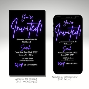 You’re invited Neon invitation, Electronic birthday party invite, Any Age, purple,  Editable template, instant download