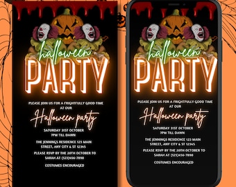 May include: A printable and digital Halloween party invitation with a black background. The invitation features a scary clown and a jack-o-lantern with dripping blood. The text reads "Halloween Party" in neon orange letters. The invitation includes the date, time, location, and RSVP information.