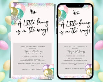 Digital Easter Baby Shower Invitation, Electronic Easter Bunny Invite, A Little Bunny Is On The Way, Gender Neutral, Editable Invitation