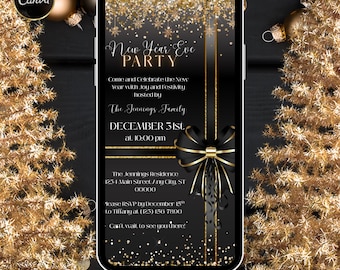 New Year’s Eve Party Digital Invitation, Animated Black Gold Video Evite, Elegant Luxury Festive Editable Template, Instant Download