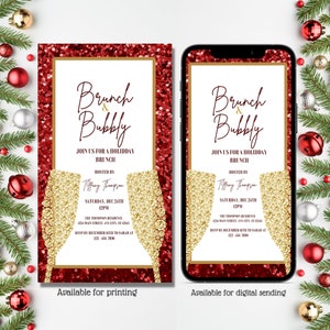 Digital Christmas Brunch Invitation, Holiday Party Invite, Brunch and Bubbles, Dinner Party, Editable Template, Instant download, Text Evite