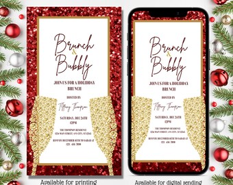 Peut inclure: Une invitation imprimable et numérique pour un brunch de fête avec le texte "Brunch & Bubbly" en écriture dorée sur un fond de paillettes rouges. L'invitation comprend la date, l'heure, le lieu et les informations de RSVP.