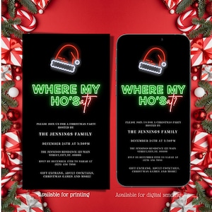 Electronic Adult Where My Ho's At Christmas Party Invitation, Digital Neon Friendsmas Smart Phone Text Message Evite, Editable Invitation