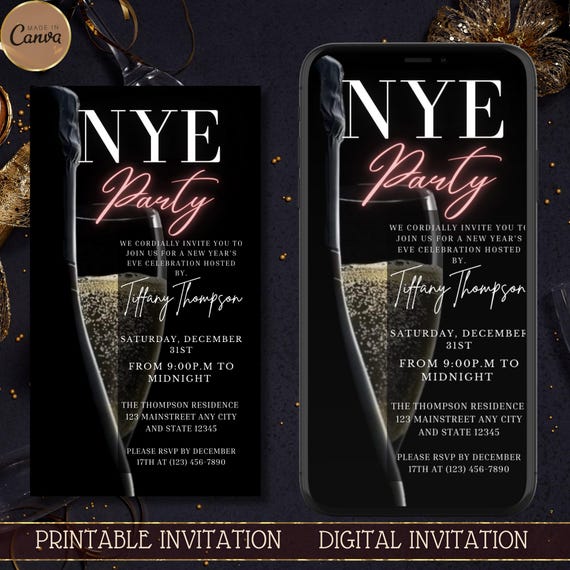 NYE Party Invitation: Champagne, Black, Gold, Red (Digital Download)