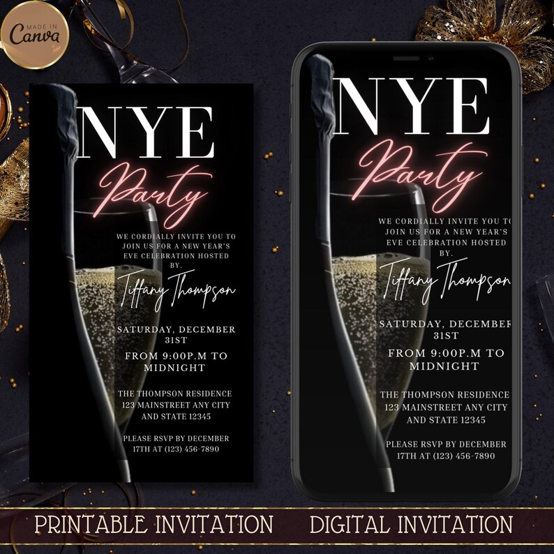 Nye 2025 party invitation, digital invitation, champagne, black gold red, new years party invitation