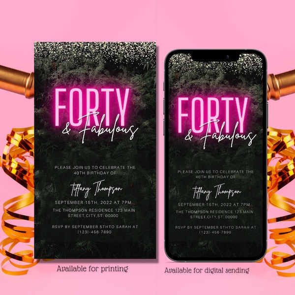 Digital 40th birthday invitation, Birthday dinner, Forty & Fabulous, Neon Pink greenery, Editable template, Phone evite, instant dowload