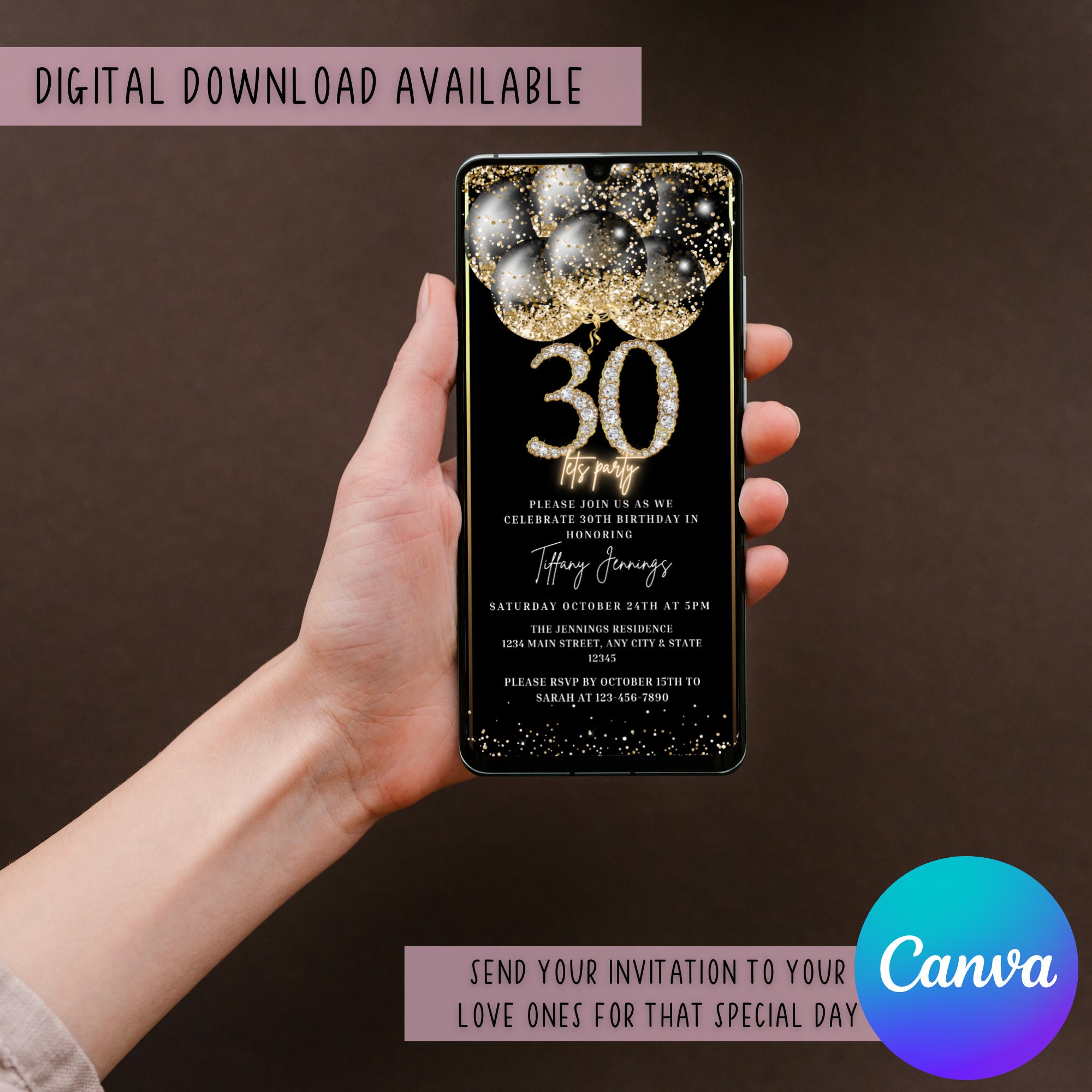 30th Digital Birthday Invitation, Electronic Black Gold Diamond 30th ...