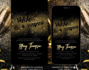 Invitación electrónica de cumpleaños sorpresa de oro negro, invitación electrónica de cumpleaños sorpresa, brillo, plantilla editable, descarga instantánea