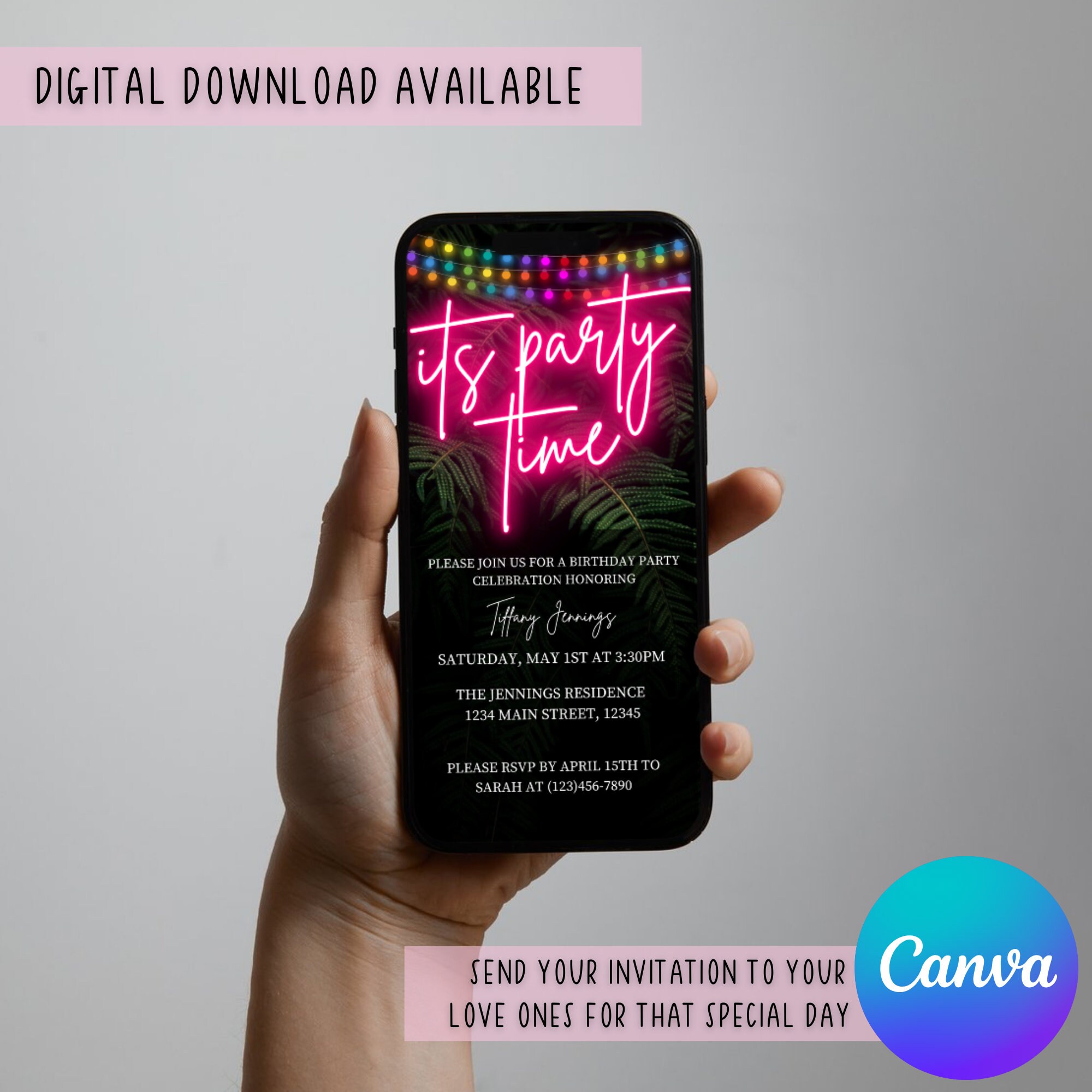Electronic Birthday Party Invitation, Digital Text Message Invite, Neon ...