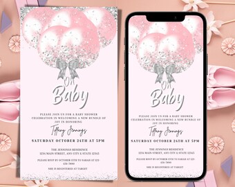 Digital Pink and Silver Balloons Baby Girl Shower Invitation, Electronic Oh Baby Text Message Invite, Editable Invitation, Instant Download